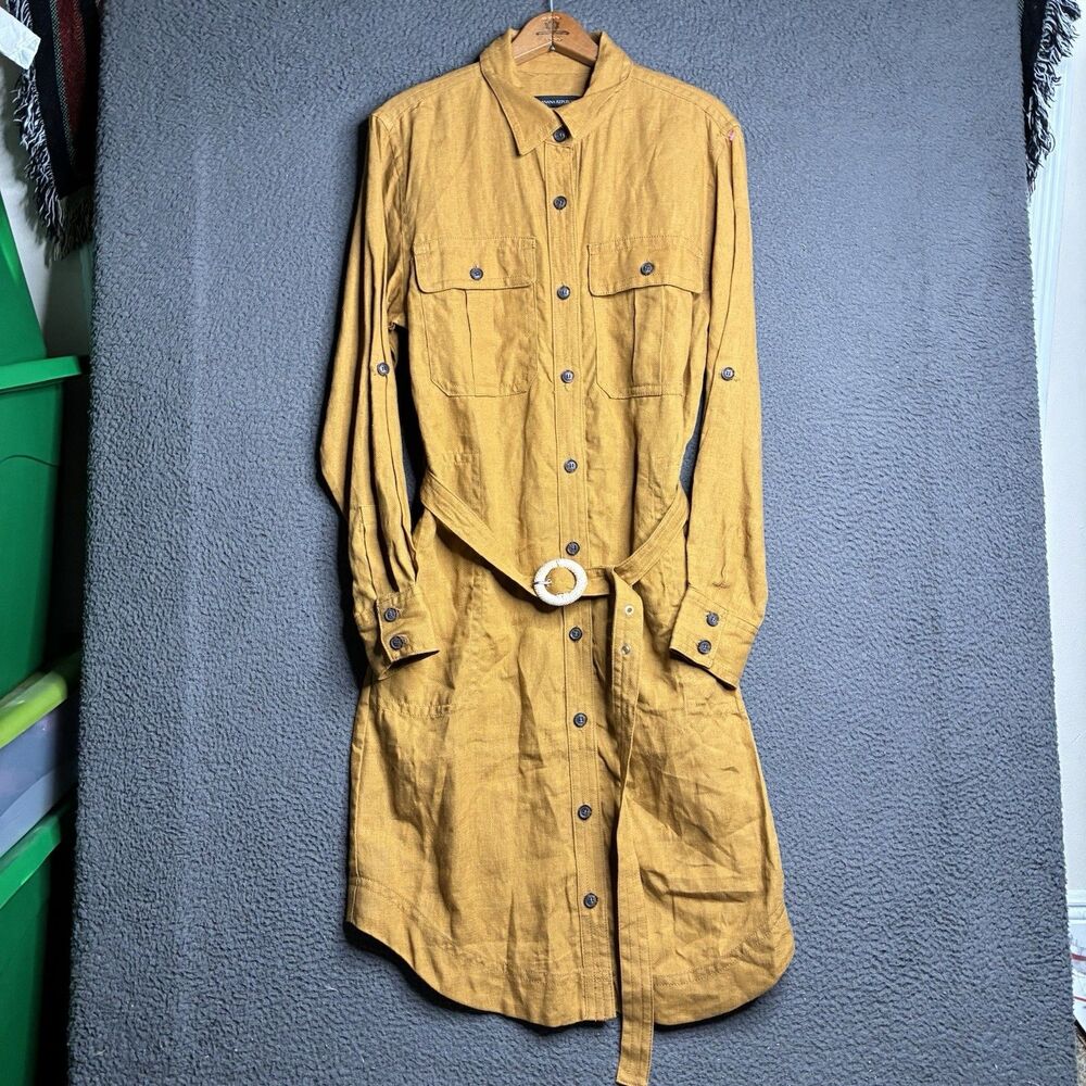 Banana Republic Linen Midi Shirt Dress Medium Belted Roll-Tab Sleeve Safari NWT